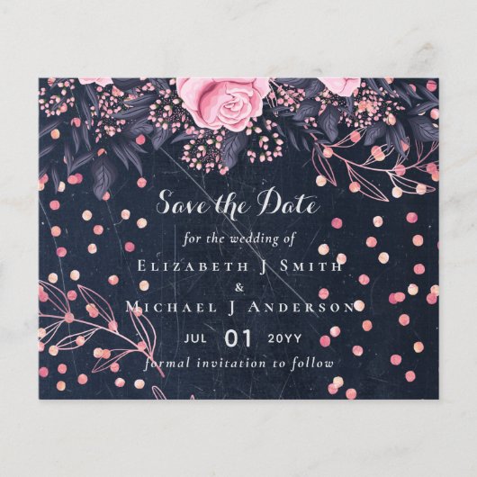 LeahG Denim Blue Rosegold Pink Floral Wedding Flyer (Voorkant)