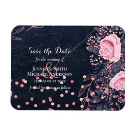 LeahG Denim Blue Rosegold Pink Floral Wedding Magneet