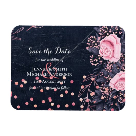 LeahG Denim Blue Rosegold Pink Floral Wedding Magneet (Horizontaal)