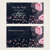LeahG Denim Blue Rosegold Pink Floral Wedding Visitekaartje (Voorkant /achterkant)
