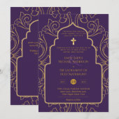 LeahG Elegant Paars Gouden Katholieke Trouwdag Kaart (Voorkant / Achterkant)