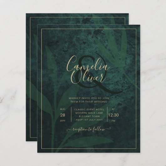 LeahG Emerald Forest Green Gold Wedding Invite (Voorkant / Achterkant)