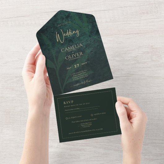 LeahG Emerald Forest Green Gold Wedding Invite All In One Uitnodiging (Afscheurbaar)