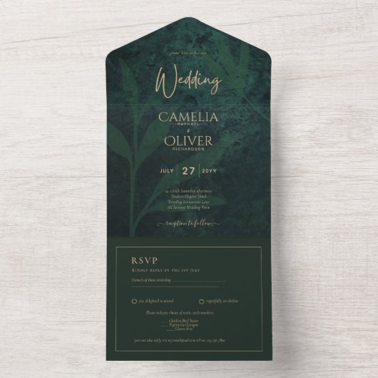 LeahG Emerald Forest Green Gold Wedding Invite All In One Uitnodiging (Binnen)