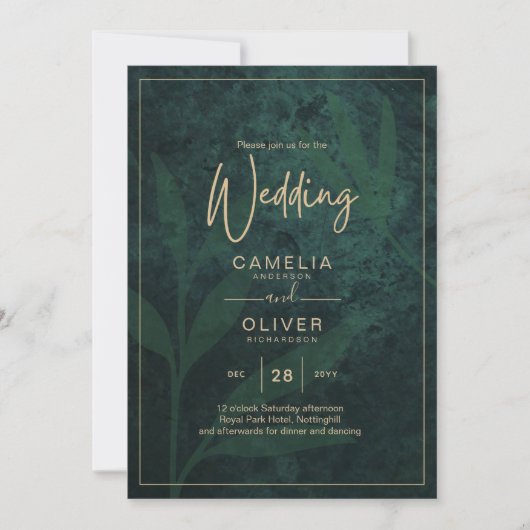 LeahG Emerald Forest Green Gold Wedding Invite Kaart (Voorkant)