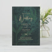 LeahG Emerald Forest Green Gold Wedding Invite Kaart (Staand voorkant)