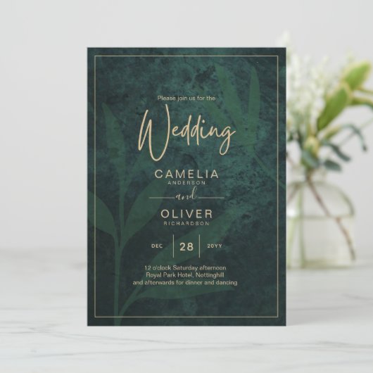 LeahG Emerald Forest Green Gold Wedding Invite Kaart (Staand voorkant)