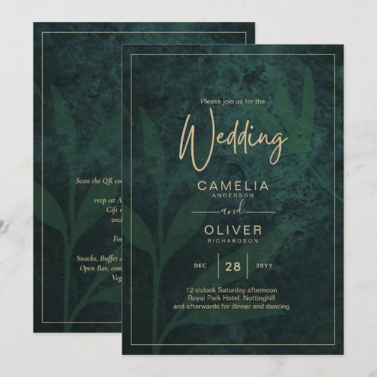 LeahG Emerald Forest Green Gold Wedding Invite Kaart (Voorkant / Achterkant)