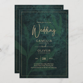 LeahG Emerald Forest Green Gold Wedding Invite Kaart