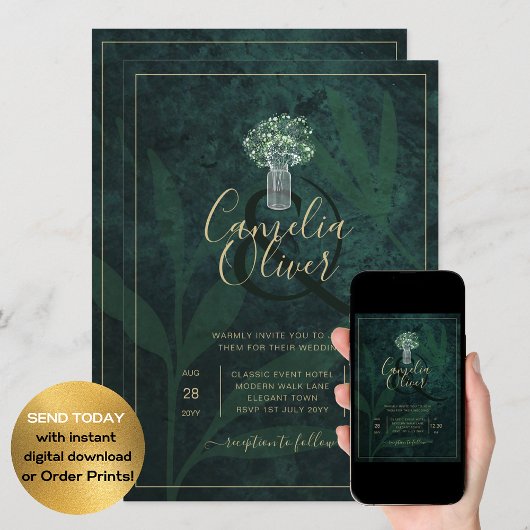 LeahG Emerald Forest Green Wedding INVITE Kaart