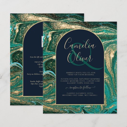 LeahG Emerald Green Gold Agate Wedding Invite (Voorkant / Achterkant)