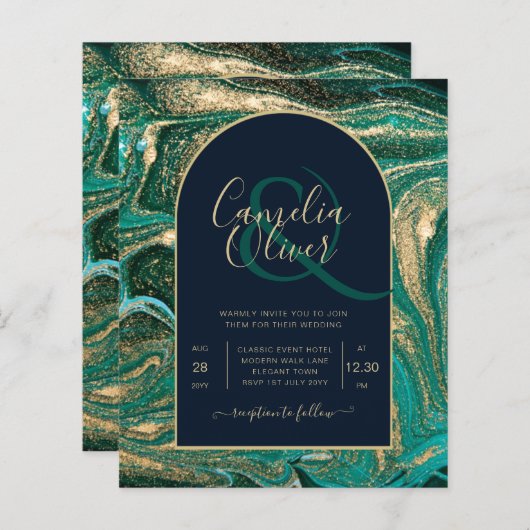 LeahG Emerald Green Gold Agate Wedding Invite (Voorkant / Achterkant)