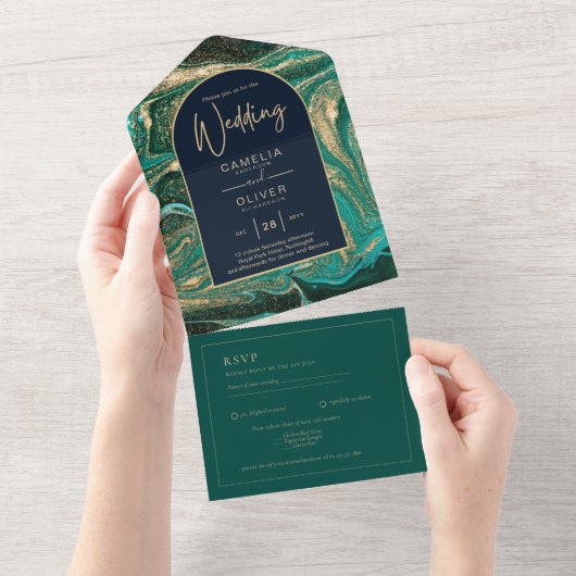 LeahG Emerald Green Gold Agate Wedding Invite All In One Uitnodiging (Afscheurbaar)
