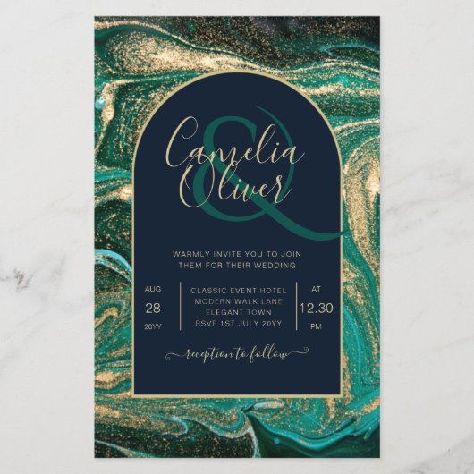 LeahG Emerald Green Gold Agate Wedding Invite Flyer (Voorkant)