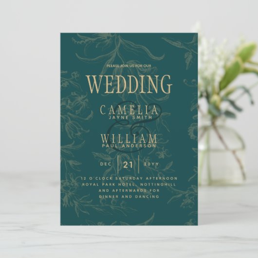 LeahG Emerald Green Gold Botanical Wedding Kaart (Staand voorkant)