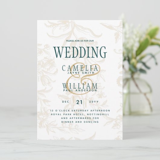 LeahG Emerald Green Gold  Botanical Wedding Kaart (Staand voorkant)
