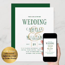 LeahG Emerald Green Gold Modern Wedding Invite Kaart