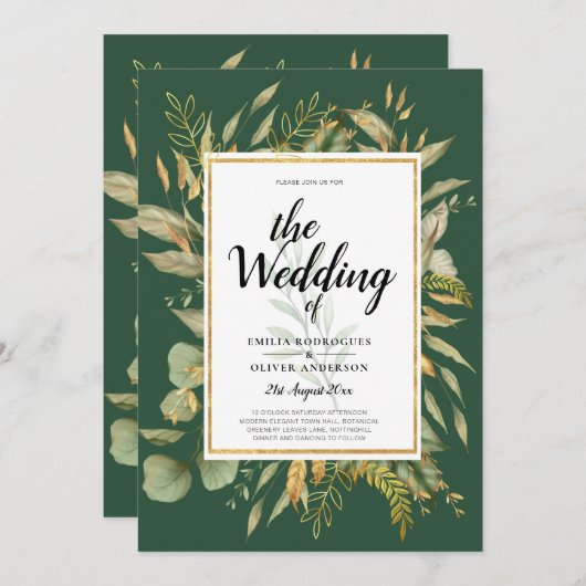 LeahG Emerald Green Greenery Wedding Invite Kaart (Voorkant / Achterkant)