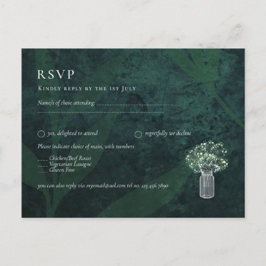 LeahG Emerald Green Gypsophila Mason Jar Wedding Briefkaart (Voorkant)