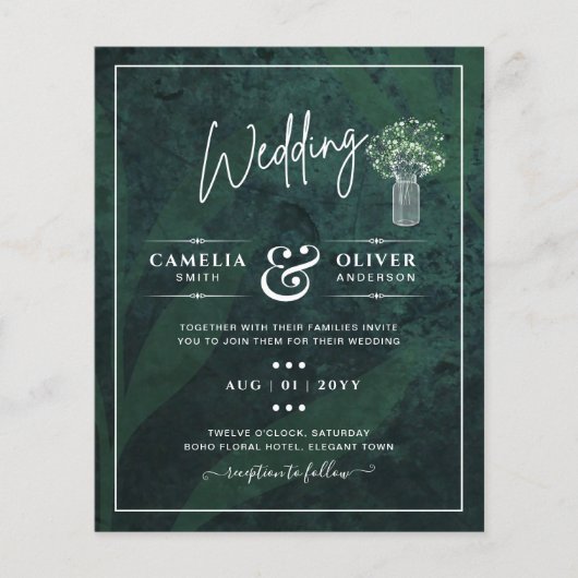 LeahG Emerald Green Gypsophila Mason Jar Wedding Flyer (Voorkant)