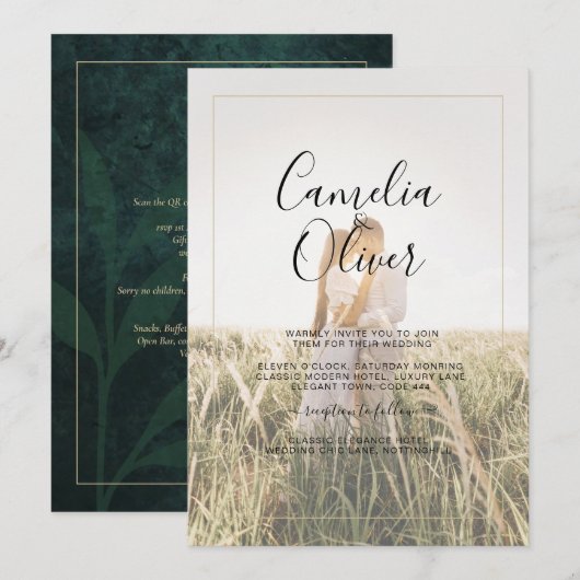 LeahG Emerald Green Photo Overlay Wedding Invite Kaart (Voorkant / Achterkant)