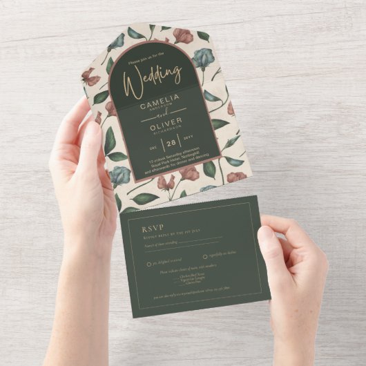 LeahG Emerald Green Terracotta Gold FALL Wedding All In One Uitnodiging (Afscheurbaar)