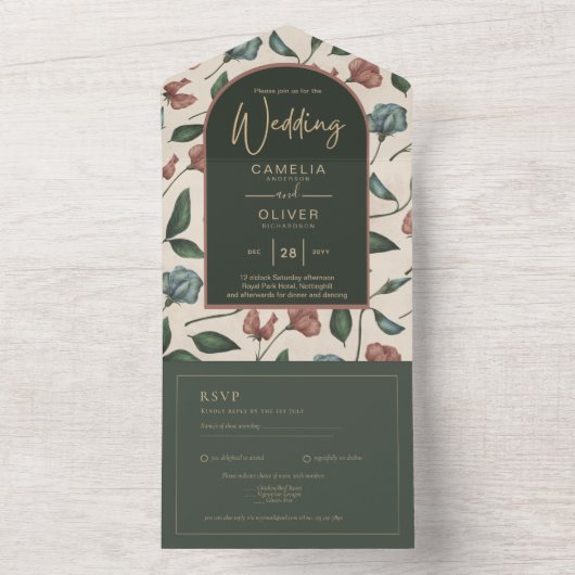 LeahG Emerald Green Terracotta Gold FALL Wedding All In One Uitnodiging (Binnen)