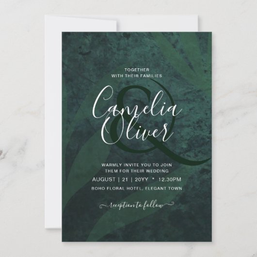 LeahG Emerald Green White Leaves Wedding Invite Kaart (Voorkant)