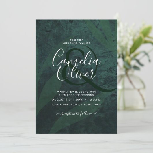 LeahG Emerald Green White Leaves Wedding Invite Kaart (Staand voorkant)