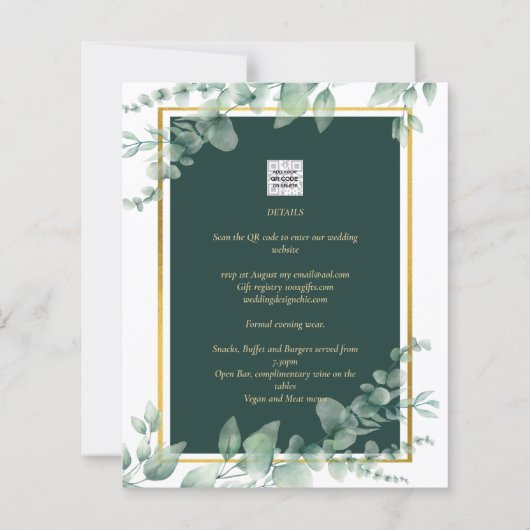 LeahG Eucalyptus Greenery Gold WEDDING QR CODE (Achterkant)