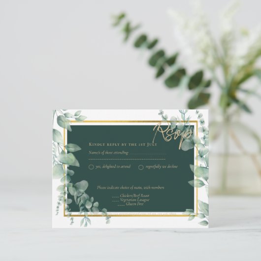 LeahG Eucalyptus Greenery Gold WEDDING QR CODE Briefkaart (Staand voorkant)