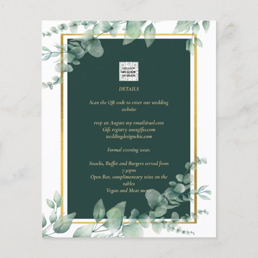 LeahG Eucalyptus Greenery Gold WEDDING QR CODE Flyer (Achterkant)