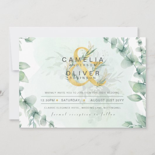 Leahg Eucalyptus Greenery Gold Wedding QR CODE IN Kaart (Voorkant)