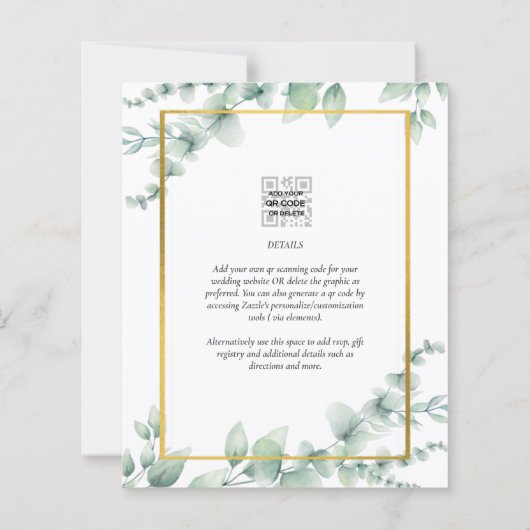 LeahG Eucalyptus Greenery Gold WEDDING QR CODE Inv (Achterkant)
