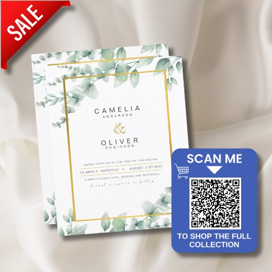 LeahG Eucalyptus Greenery Gold WEDDING QR CODE Inv
