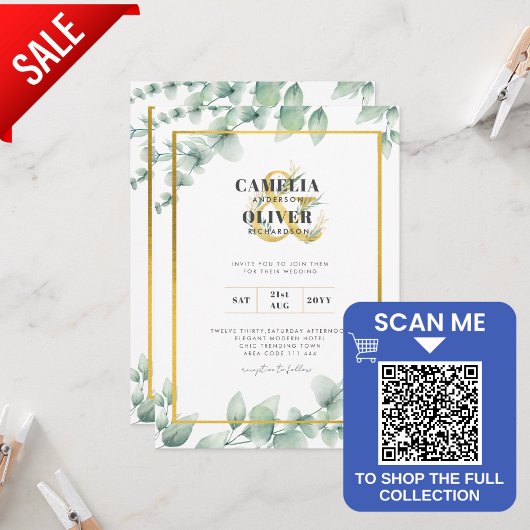 LeahG Eucalyptus Greenery Gold WEDDING QR CODE Inv