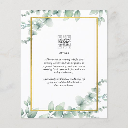LeahG Eucalyptus Greenery Gold WEDDING QR CODE Inv Flyer (Achterkant)