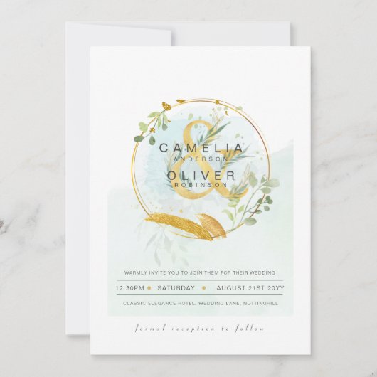 LeahG Eucalyptus Greenery Gold Wedding QR CODE INV Kaart (Voorkant)