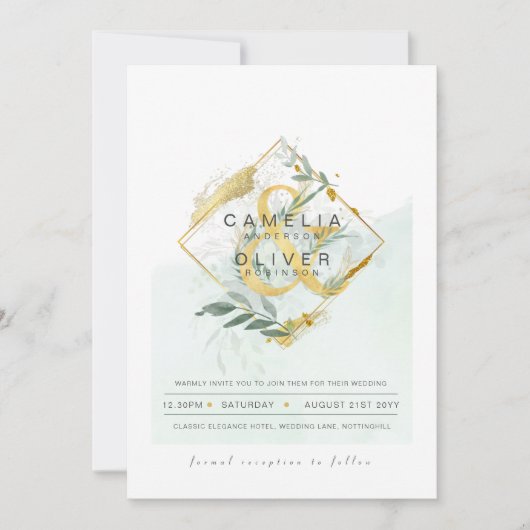 LeahG Eucalyptus Greenery Gold Wedding QR CODE INV Kaart (Voorkant)