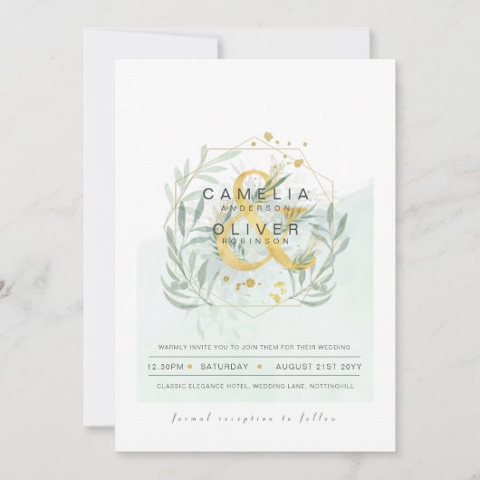 LeahG Eucalyptus Greenery Gold Wedding QR CODE INV Kaart (Voorkant)