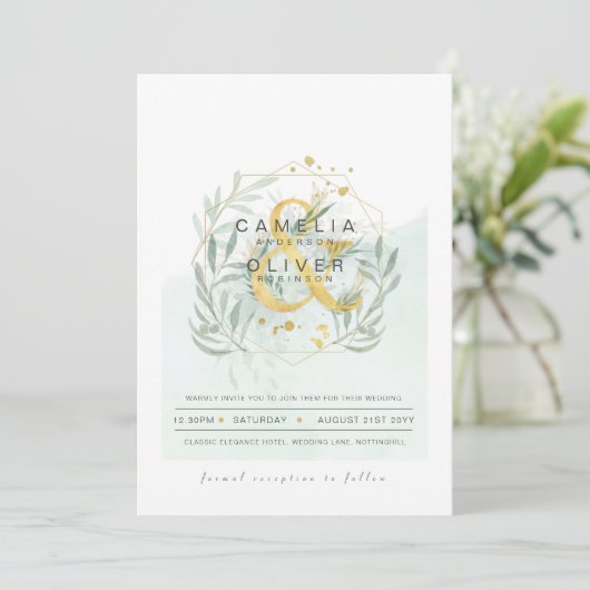 LeahG Eucalyptus Greenery Gold Wedding QR CODE INV Kaart (Staand voorkant)