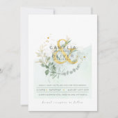 LeahG Eucalyptus Greenery Gold Wedding QR CODE INV Kaart (Voorkant)
