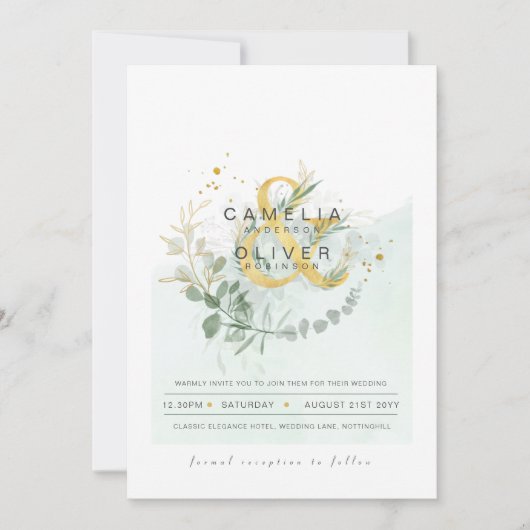 LeahG Eucalyptus Greenery Gold Wedding QR CODE INV Kaart (Voorkant)