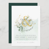 LeahG Eucalyptus Greenery Gold Wedding QR CODE INV Kaart (Voorkant / Achterkant)