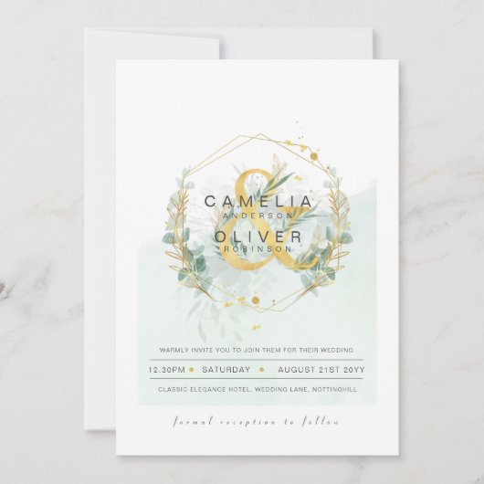 LeahG Eucalyptus Greenery Gold Wedding QR CODE INV Kaart (Voorkant)