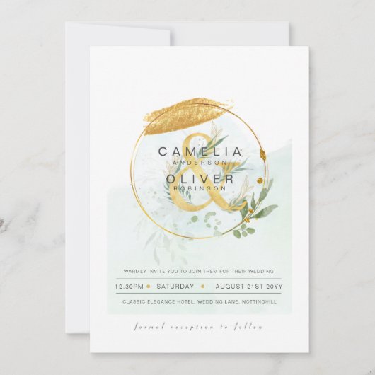 LeahG Eucalyptus Greenery Gold Wedding QR CODE INV Kaart (Voorkant)