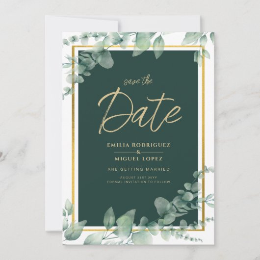 LeahG Eucalyptus Greenery Gold WEDDING QR CODE Kaart (Voorkant)