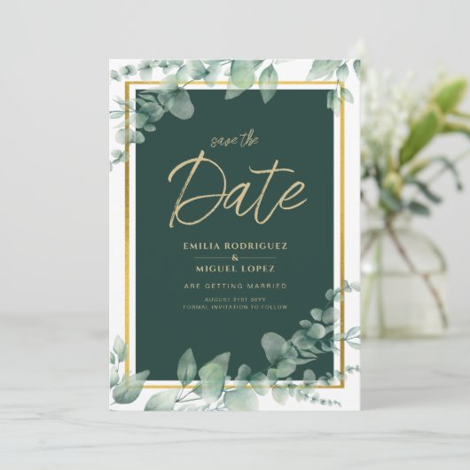 LeahG Eucalyptus Greenery Gold WEDDING QR CODE Kaart (Staand voorkant)