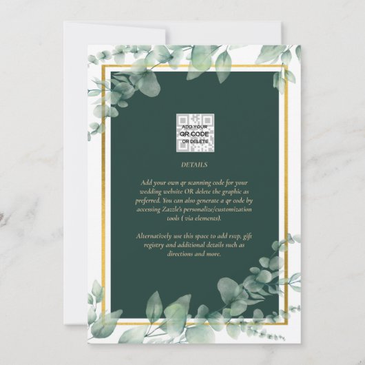 LeahG Eucalyptus Greenery Gold WEDDING QR CODE Kaart (Achterkant)