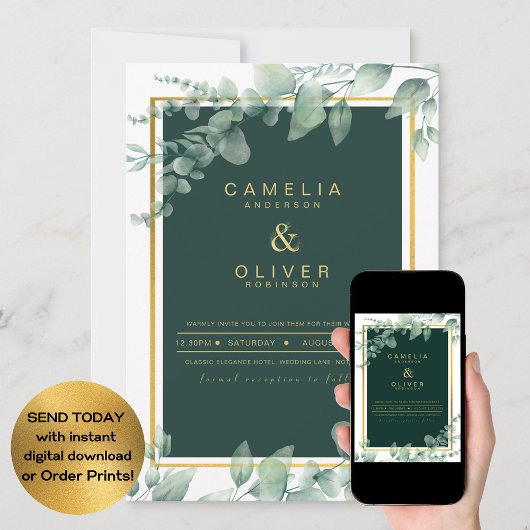 LeahG Eucalyptus Greenery Gold WEDDING QR CODE Kaart